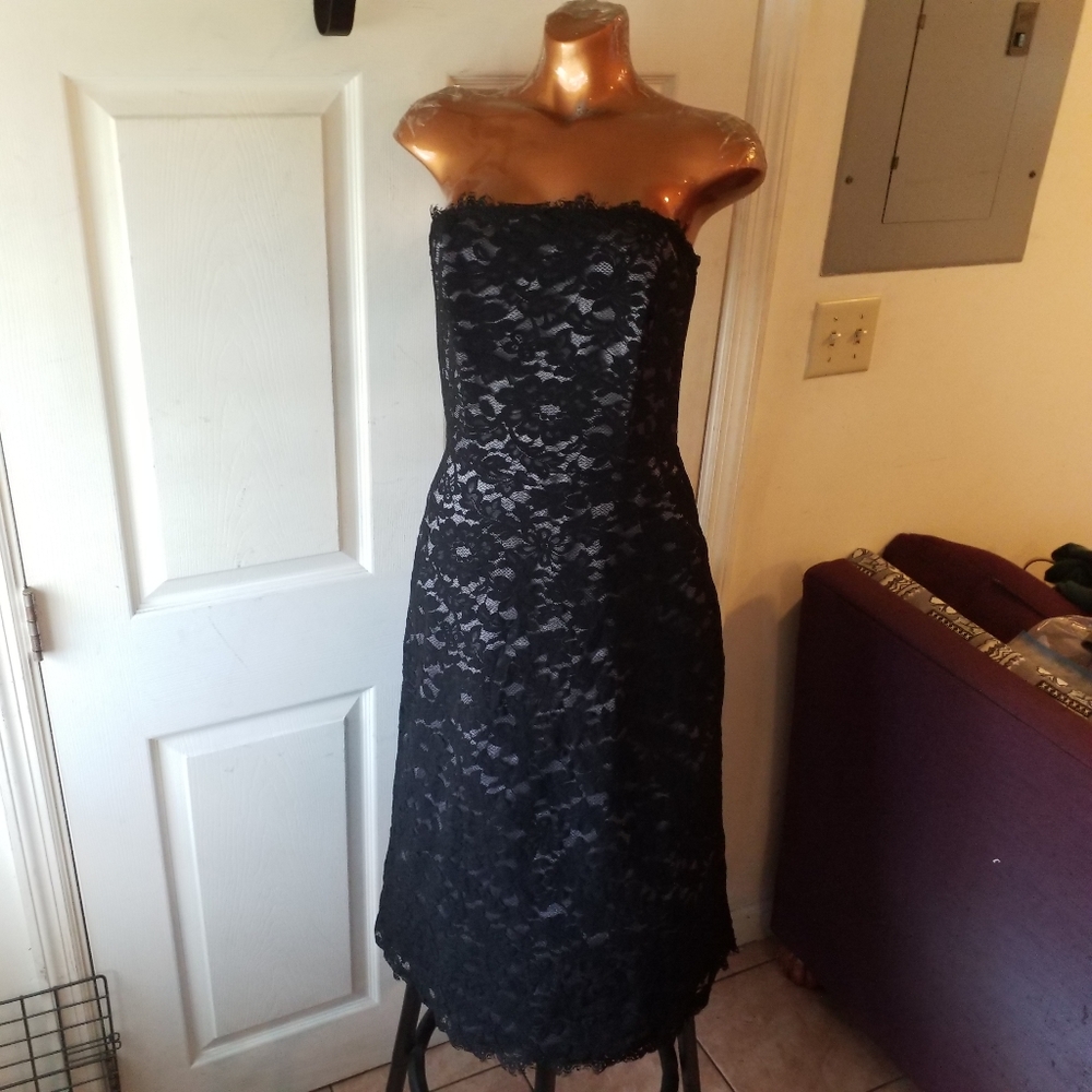 Dessy collection strapless A-line cocktail dress with black lace overlay 6 NWT